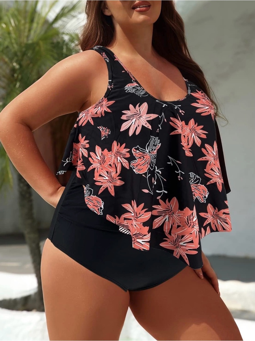 I2Crazy Floral Black & Coral Tankini 2pc Swimsuit Sz XXXL #316